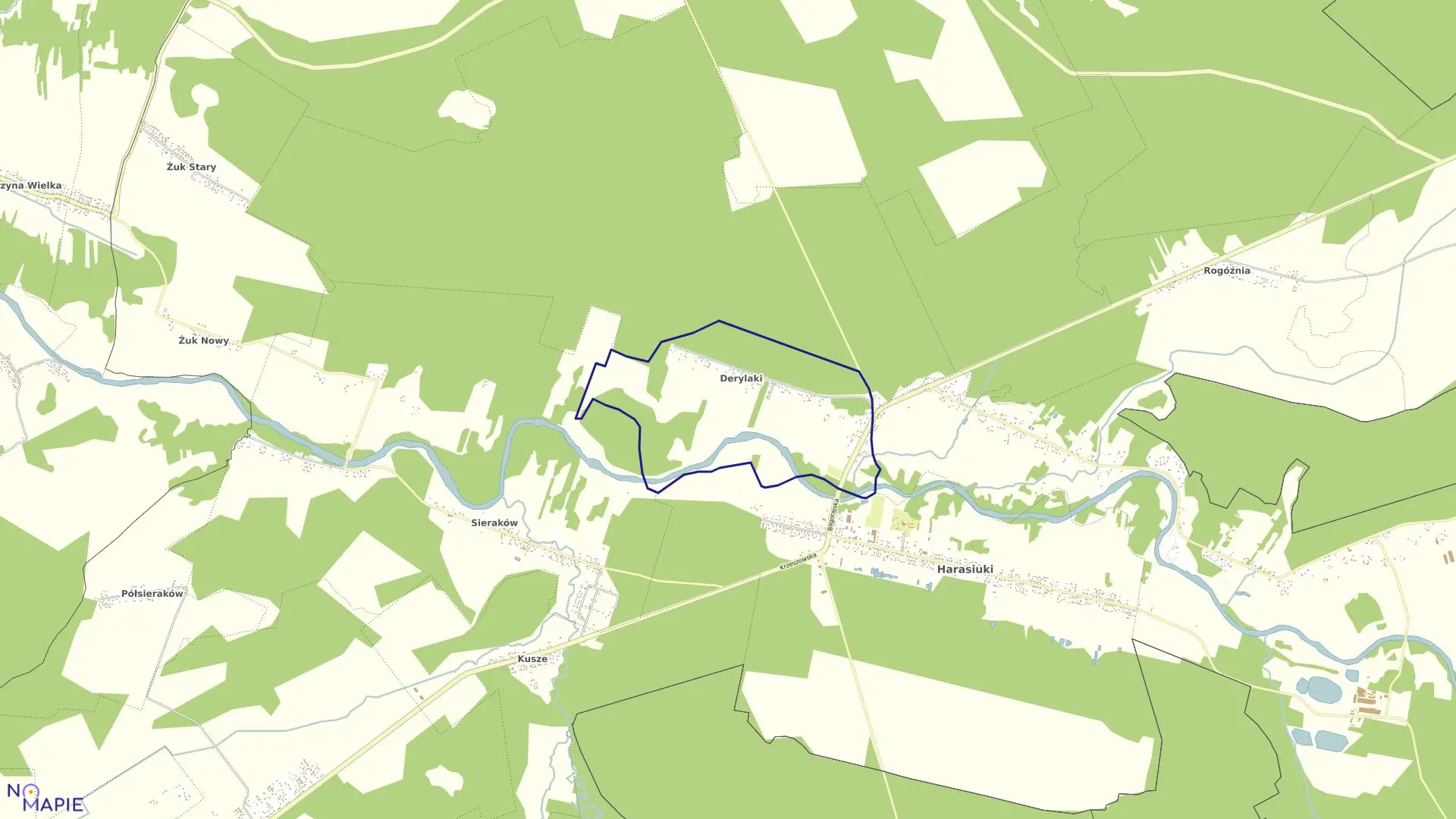 Mapa obrębu Derylaki w gminie Harasiuki