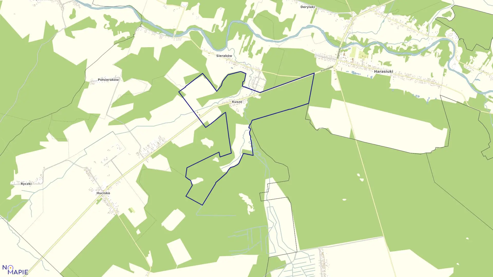 Mapa obrębu Kusze w gminie Harasiuki