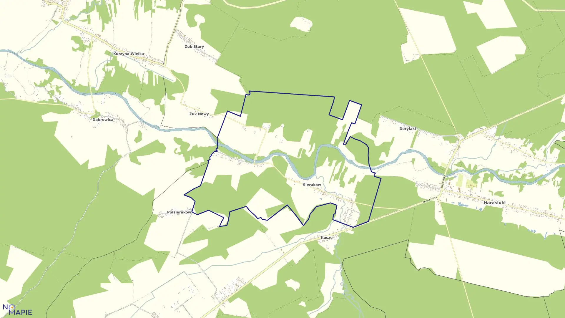 Mapa obrębu Sieraków w gminie Harasiuki